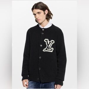 Chunky Intarsia Signature Black Knit Cardigan with White Detail